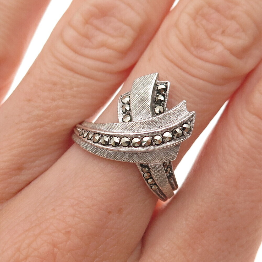 935 Sterling Silver Vintage Real Marcasite Crisscross Oxidized Ring Size 7.75